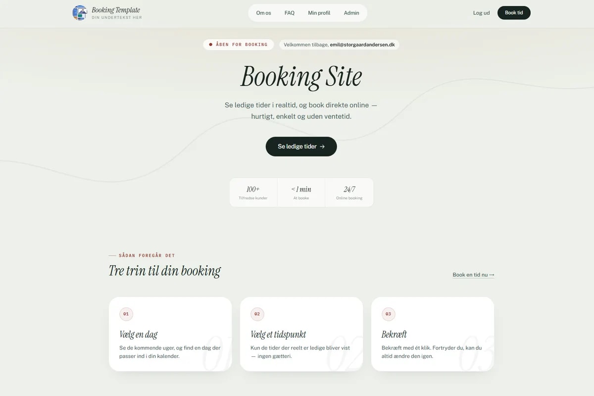 Skabelon til booking-hjemmeside – med bookingsystem, login og CMS (content management system)